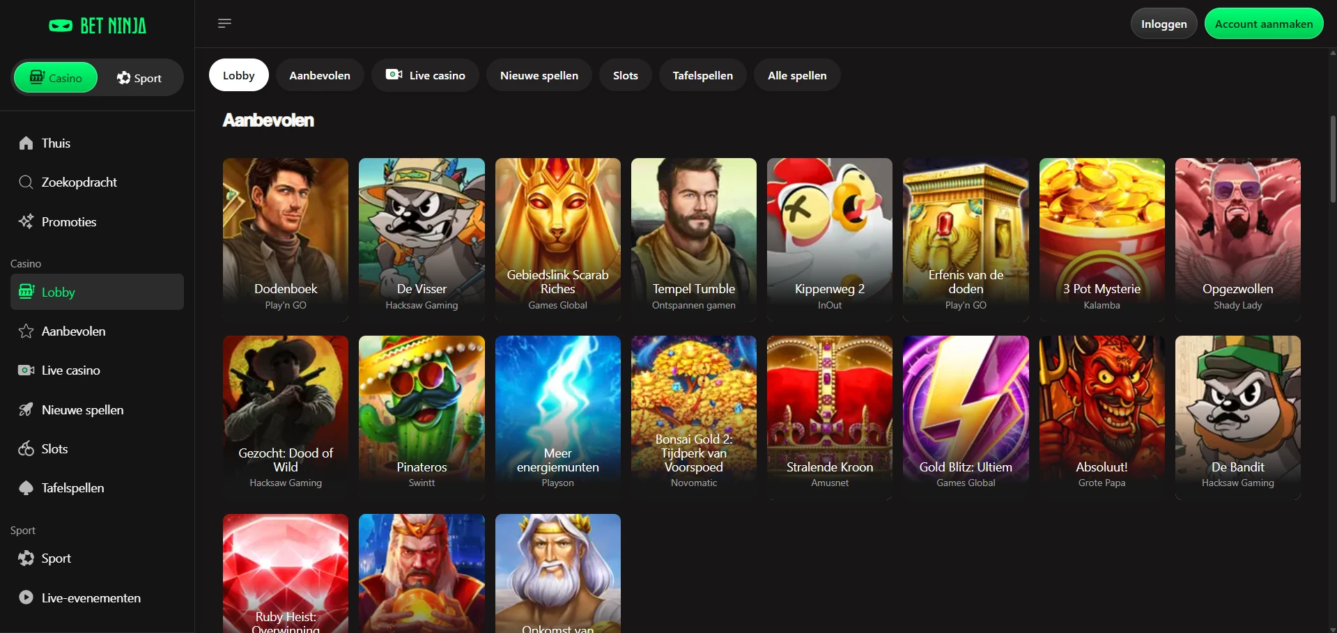 Lobby van Bet Ninja Casino met de categorieën gokkasten, tafelspellen en live casino