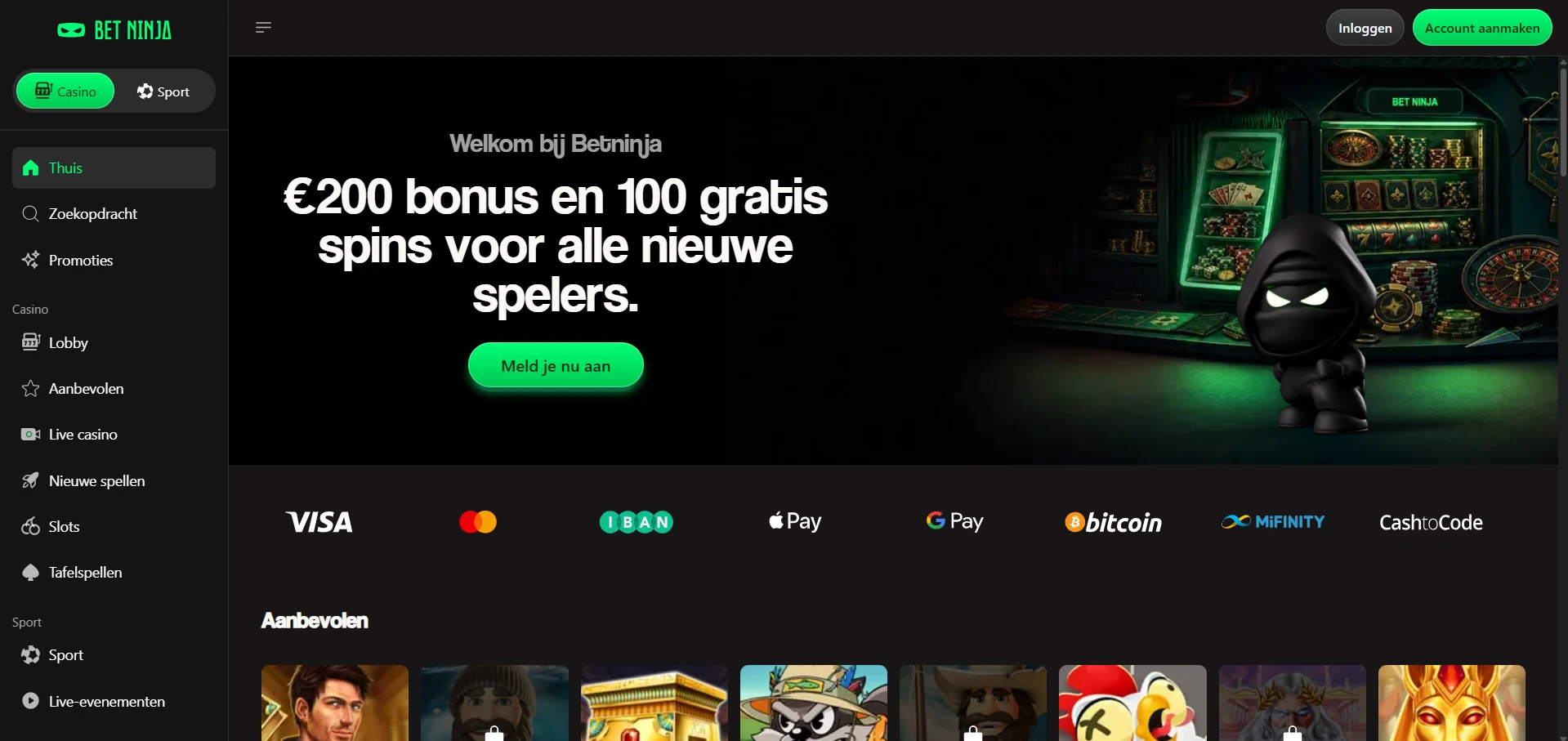 Startpagina van Bet Ninja Casino met bonusbanner en spelmenu