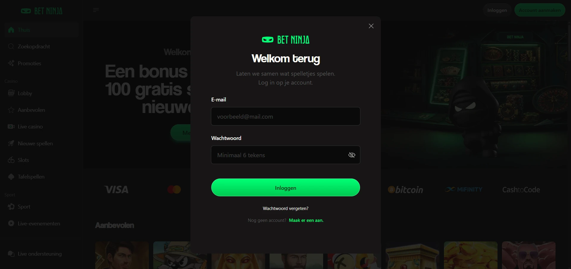 Inlogscherm van Bet Ninja Casino met velden voor e-mailadres en wachtwoord