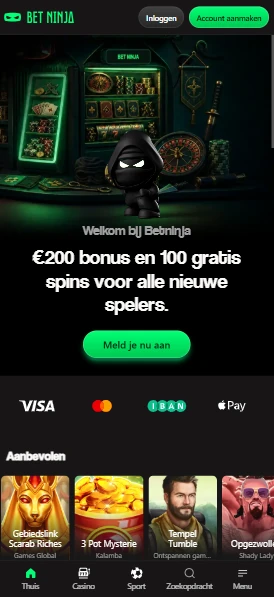 Bet Ninja Casino in de mobiele webversie op een telefoon