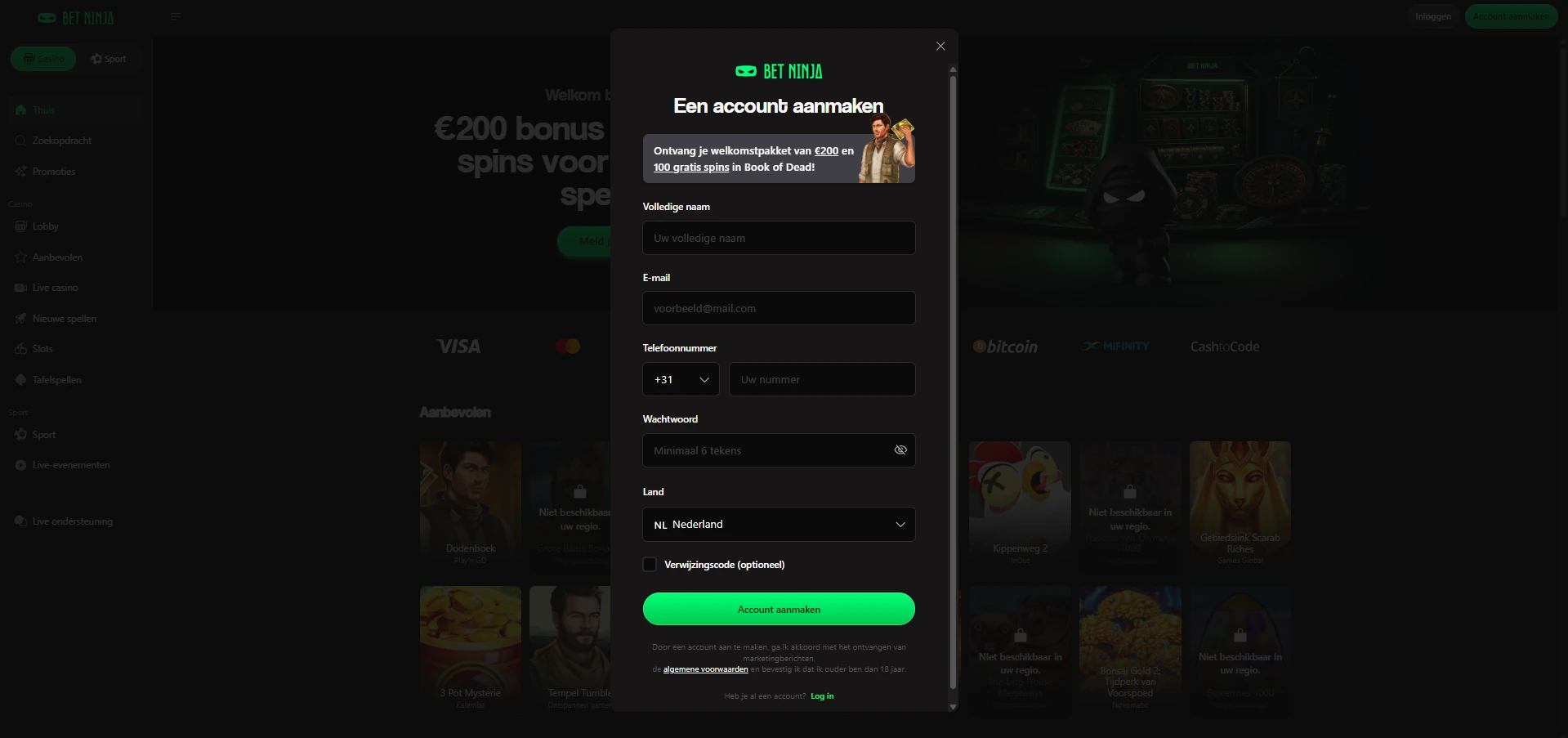 Registratieformulier van Bet Ninja Casino